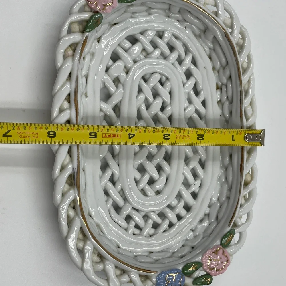 White Ceramic Lattice Woven Basket Oval Trinket Dish Pink Blue Applied Flowers